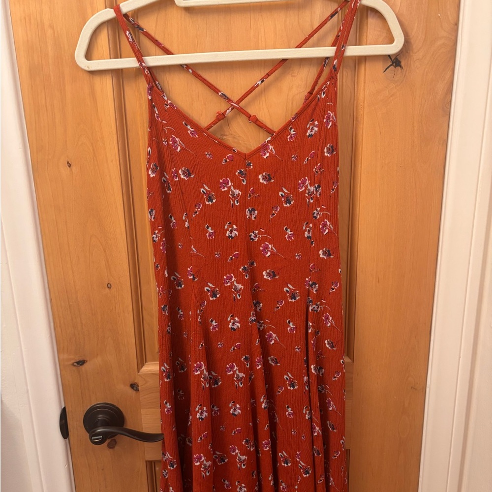 American Eagle Outfitters Rust Floral Mini Dress with Crisscross Straps